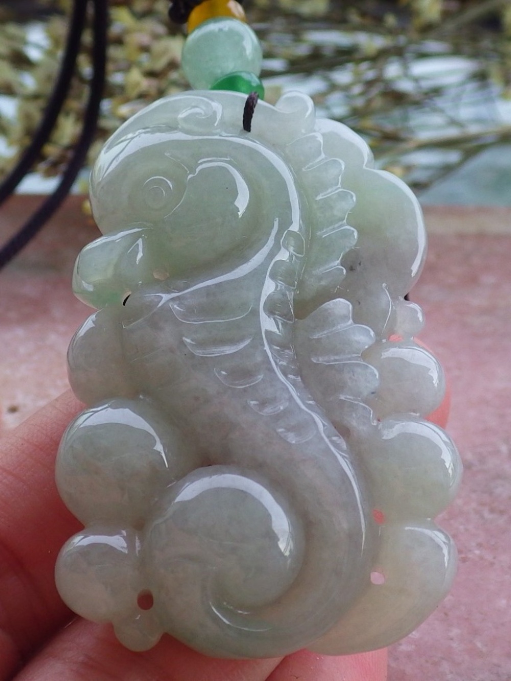Certified Hand Carved Natural Burma A Jade jadeite Sea Horse Pendant Necklace